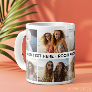 8 Foto Collage 1 Regel tekst -- Kleur aanpasbaar Extra Grote Beker