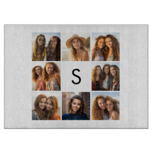 8 Foto Collage Aangepaste Initiaal Zwart en Wit Snijplank