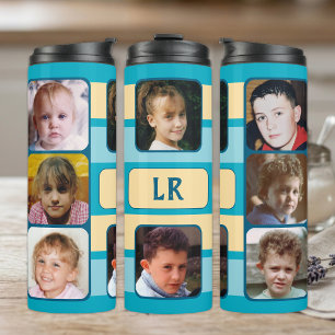 8 foto collage initialen blauw beige thermosbeker
