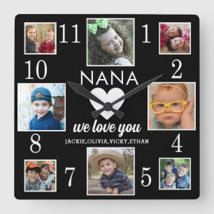 8 Foto Collage Love You Nana Grandchildren Black Vierkante Klok