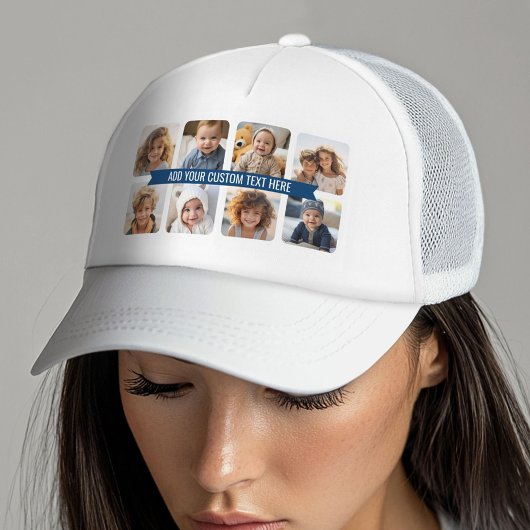 8 Foto-collage met aangepaste tekst Navy Blue Ribb Trucker Pet
