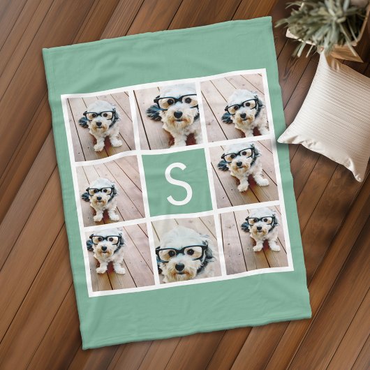 8 Foto Collage Single Monogram - Mint Green Fleece Deken