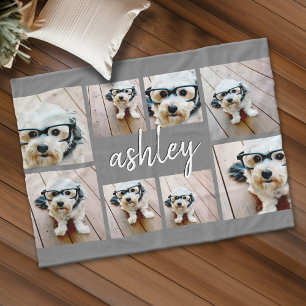 8 Foto collage Voeg Jouw naam kalligrafie grijs to Fleece Deken