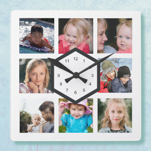 8 Foto Collage Witte Vierkante Wandklok Klok