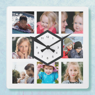 8 Foto Collage Witte Vierkante Wandklok Klok