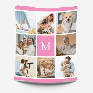 8 Foto Familie Collage Monogram Roze Custom Fleece Deken
