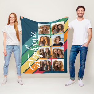 8 Foto Retro streep patroon regenboog monogram Fleece Deken
