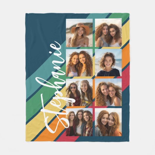 8 Foto Retro streep patroon regenboog monogram Fleece Deken (Voorkant)