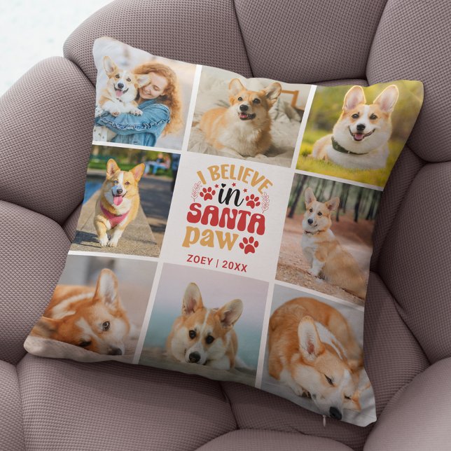 8 Fotocollage die ik geloof in naam en datum van d Kussen (8 Photo Collage Dog I Believe In Santa Paws Throw Pillow)