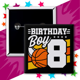 8 Jaar Oud Basketbal Party Thema 8e Verjaardag Jon Vierkante Button 5,1 Cm
