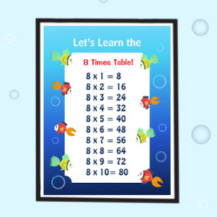 8 Keer Tafel Poster voor Kinderen   Oceaan Wiskund