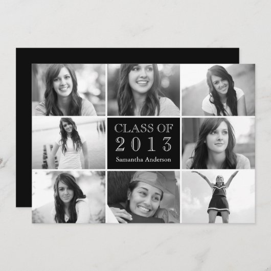 8 Photo Collage Afstuderen Invitation Black Kaart (Voorkant / Achterkant)