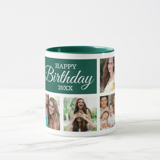 8 Photo Collage Green Happy Birthday Mok (Midden)