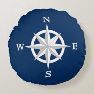 8-punts Compass Roos, White en Navy Blue Rond Kussen