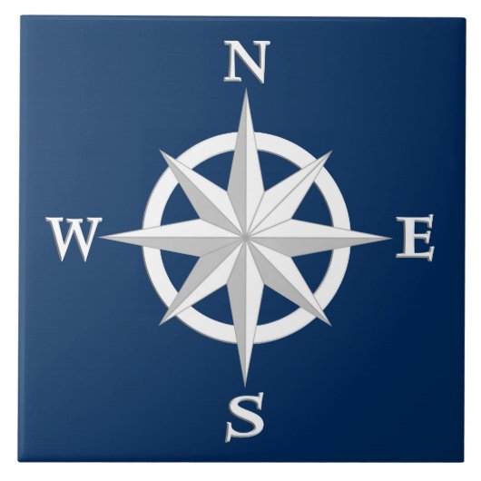 8-punts Compass Roos, White en Navy Blue Tegeltje (Voorkant)