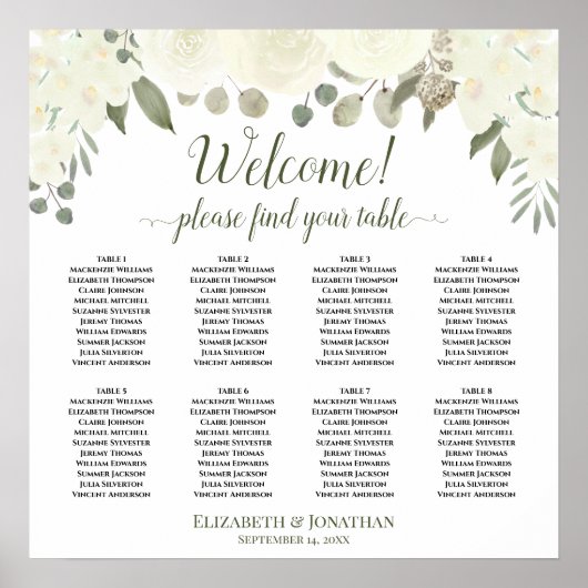 8 Tabel White Roses Boho Wedding Seating Chart Poster (Voorkant)