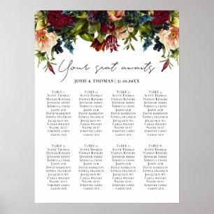 8 tafel Moody Floral Bourgondië bruiloft zitschema Poster