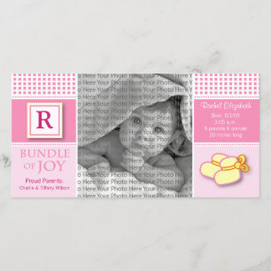 8 x 4 rose En vichy Faire-part de naissance monogr