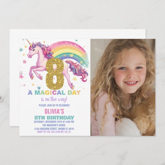 8e anniversaire de l'Unicorne Invitations avec pho (Devant / Derrière)