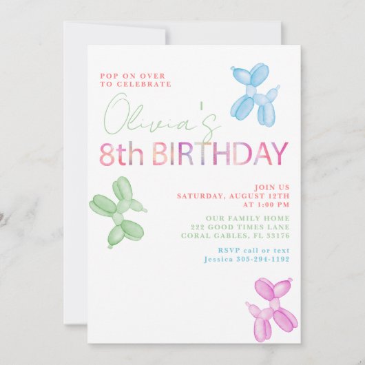 8e anniversaire Invitation animal ballons (Devant)