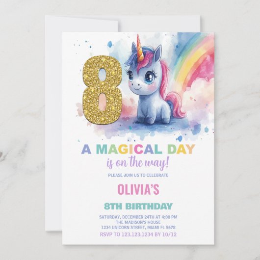 8e anniversaire Unicorn Anniversaire Invitations (Devant)