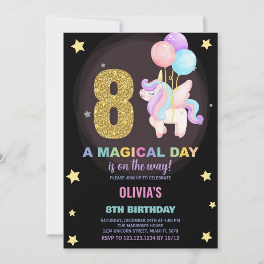 8e anniversaire Unicorn Anniversaire Invitations (Devant)