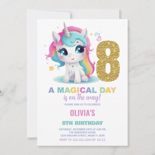 8e anniversaire Unicorn Anniversaire Invitations (Devant)