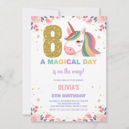8e anniversaire Unicorn Anniversaire Invitations (Devant)