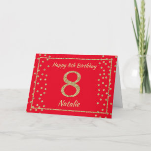 8e Birthday Red en Gold Glitter Confetti Card Kaart
