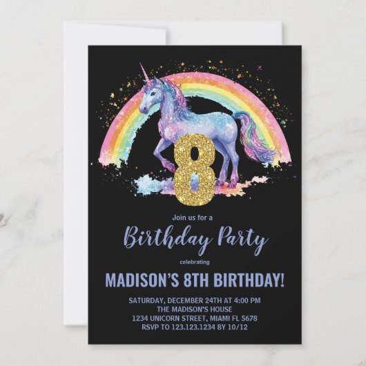 8e Rainbow Unicorn Invitations d'anniversaire (Devant)