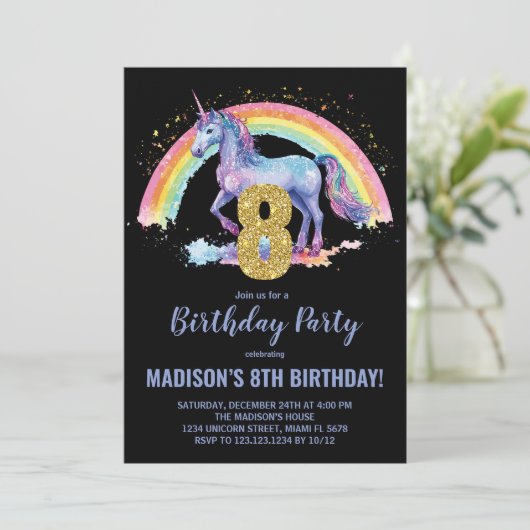 8e Rainbow Unicorn Invitations d'anniversaire (Debout devant)