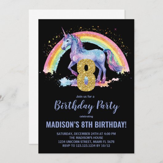8e Rainbow Unicorn Invitations d'anniversaire (Devant / Derrière)