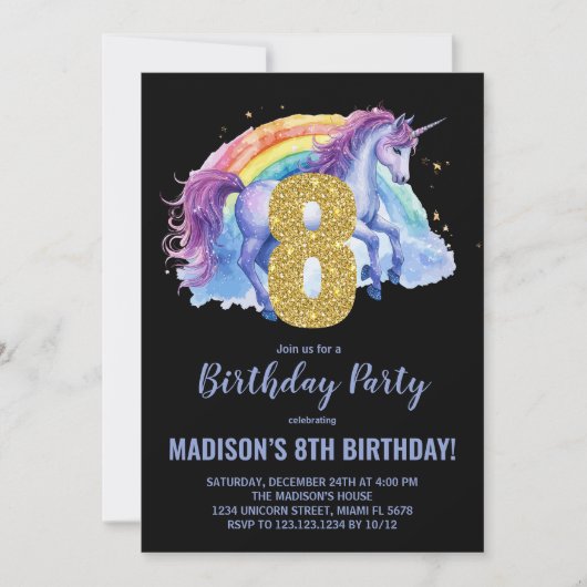 8e Rainbow Unicorn Invitations d'anniversaire (Devant)