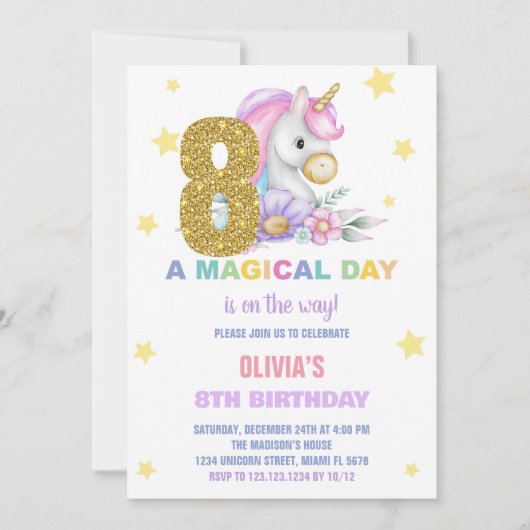 8e Unicorne florale Invitations d'anniversaire (Devant)