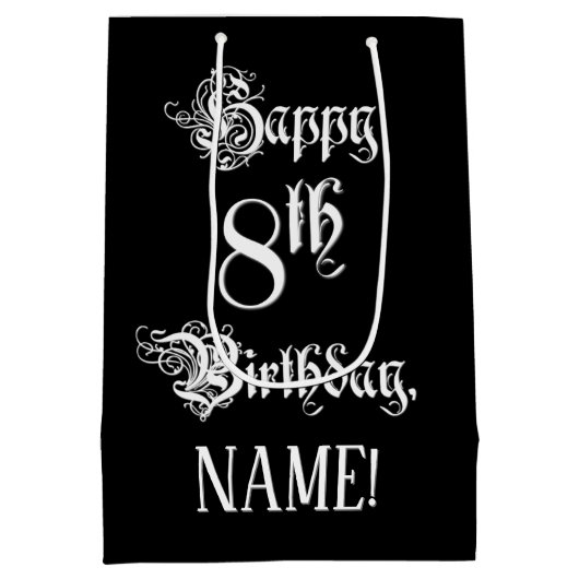 8e verjaardag: Fancy, elegant script + aangepaste  Medium Cadeauzakje (Achterkant)