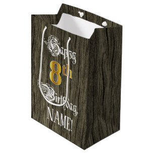8e verjaardag: Faux Gold look & Faux Wood Pattern Medium Cadeauzakje
