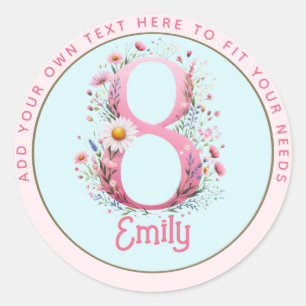 8e verjaardag fee bloemrijke roze prinses sprookje ronde sticker