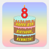 8e verjaardag: Fun Cake and Candle + Custom Name Vierkante Sticker (Voorkant)