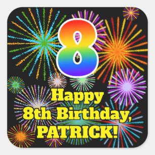8e verjaardag: Fun Fireworks Kijk, regenboog # 8 Vierkante Sticker