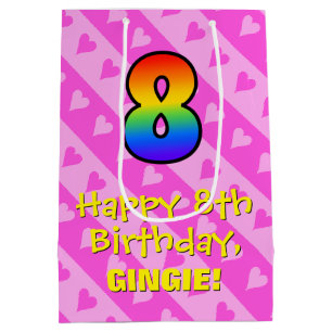 8e verjaardag: Fun roze hartenstrepen en regenboog Medium Cadeauzakje