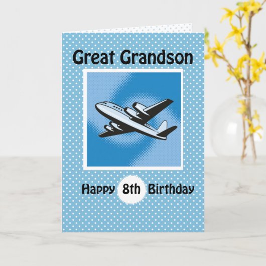 8e verjaardag, grote kleinzoon, vliegtuig op blauw kaart (Gele Bloem)