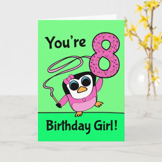 8e verjaardag - Gymnast Penguin Kaart (Gele Bloem)