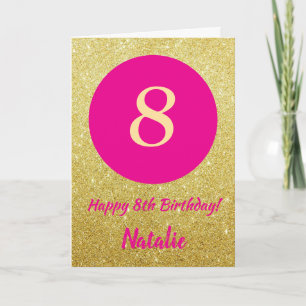 8e verjaardag hete roze en gouden glitters kaart