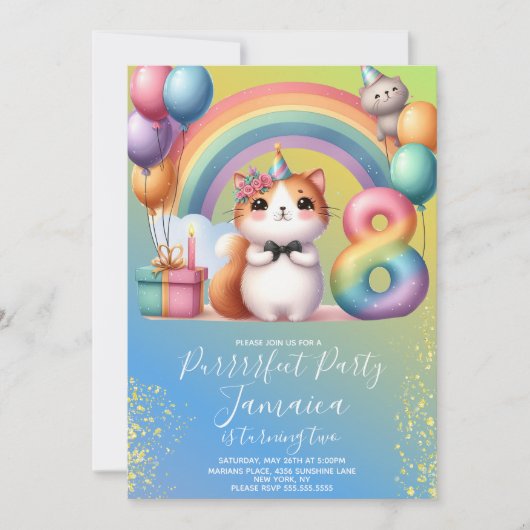 8e verjaardag Kitten Regenboog Feest Kaart (Voorkant)