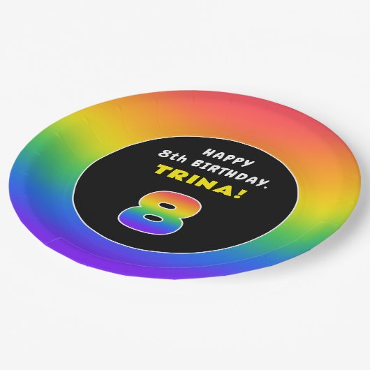 8e verjaardag: kleurrijke regenboog # 8, aangepast papieren bordje (Gekanteld)