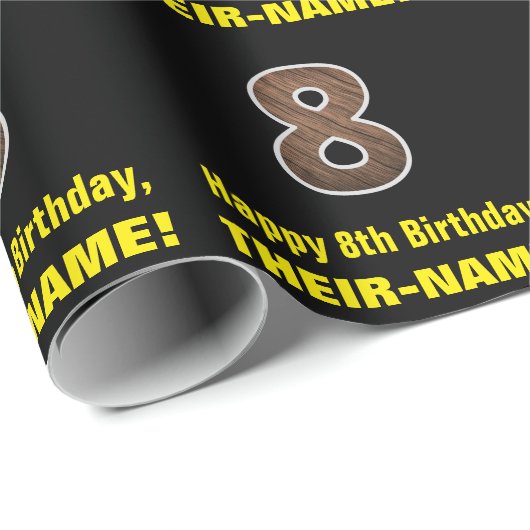 8e verjaardag: Naam & Faux Hout Grain Pattern "8" Cadeaupapier (Rol Hoek)