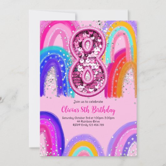 8e verjaardag Rainbow Pink Party Kaart (Voorkant)