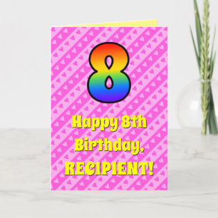 8e verjaardag: Roze stripes en harten, regenboog # Kaart
