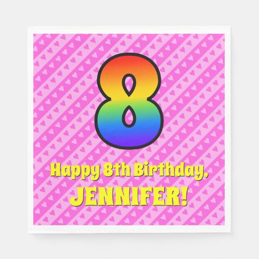 8e verjaardag: Roze stripes en harten, regenboog # Servet (Voorkant)