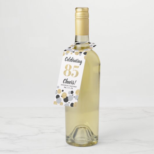 8e verjaardag zwarte grijze goudglitter Confetti B Flessenhanger (Schuin)